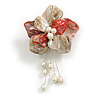 50mm D/Red/Cream Shell with Freshwater Pearl Bead Tassel Asymmetric Flower Brooch/Slight Variation In Colour/Size/Shape/Natural Irregularities