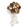 50mm D/Brown Shell with Freshwater Pearl Bead Tassel Asymmetric Flower Brooch/Slight Variation In Colour/Size/Shape/Natural Irregularities