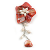 50mm D/Red Shell and Freshwater Pearls Chain with Charms Asymmetric Flower Brooch/Slight Variation In Colour/Size/Shape/Natural Irregularities