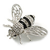 Clear Crystal Black Enamel Bee Brooch in Silver Tone - 40mm Across