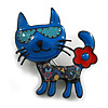 Blue Enamel Cat in The Glasses Brooch in Black Tone - 45mm Tall