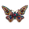 55g/ Large Multicoloured Crystal Butterfly Brooch in Gold Tone - 12cm Across