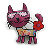 Berry Coloured Enamel Cat in The Glasses Brooch in Black Tone - 45mm Tall