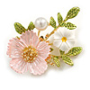 Romantic Floral Brooch in Gold Tone (Pink/White/Green) - 50mm Across