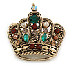 Vintage Inspired Multicoloured Crystal Pearl Crown Brooch in Aged Gold Tone - 40mm Tall
