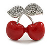 Red Enamel Double Cherry with Crystal Leaves in Silver Tone - 35mm Across