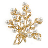 White Simulated Pearl/ Clear Crystal Floral Brooch In Gold Tone - 60mm Tall