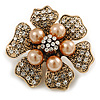 6-Petal Imitation Pearl Crystal Flower Brooch in Aged Gold Tone Metal/ 45mm D