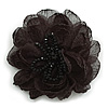 Large Layered Silk Fabric Rose Flower Brooch with Black Glass Beads - 90mm Diameter