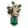 Large Green/Pink/Plum Crystal Floral Brooch in Gold Tone - 80mm Tall