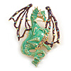 Oversized Green Enamel Crystal Dragon Brooch in Gold Tone - 95mm Tall