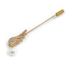 Gold Tone Clear Crystal Wing with Pearl Bead Lapel, Hat, Suit, Tuxedo, Collar, Scarf, Coat Stick Brooch Pin - 70mm L