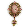 Vintage Inspired Pink Acrylic Crystal Cameo Brooch in Aged Gold Tone - 70mm Long
