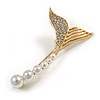 Gold Tone White Faux Pearl Clear Crystal Mermaid Tail Brooch/ Fish Tail Brooch - 45mm Long