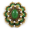 Green Glass Stone with Faux Pearl Bead Layered Oval Corsage Brooch in Aged Gold Tone - 70mm Tall