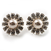Floral Crystal Faux Pearl Stud Earrings (Silver Tone)