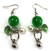 Green Bead Drop Earrings (Silver Tone)