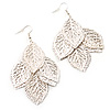 Silver Plated Textured Leaf Earrings - 8cm Drop