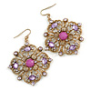 Square Shape Jeweled Filigree Drop Earrings (Burn Gold & Lilac) - 7cm Drop
