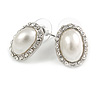 White Crystal Faux Pearl Stud Earrings (Silver Tone) - 1.5cm Diameter
