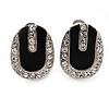 Oval Black Enamel Diamante Clip On Earrings In Silver Tone Metal - 15mm Length