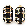C-Shape Black Enamel Crystal Floral Clip On Earrings In Gold Plated Metal - 22mm Length