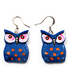 Dark Blue Wood Owl Drop Earrings - 4.5cm Length