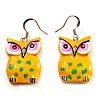 Bright Yellow Wood Owl Drop Earrings - 4.5cm Length