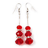 Silver Tone Red Acrylic Bead Diamante Drop Earrings - 6cm Length
