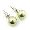 Pale Green Lustrous Faux Pearl Stud Earrings (Silver Tone Metal) - 9mm Diameter