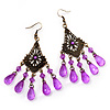 Bronze Tone Purple Acrylic Bead Chandelier Earrings - 9cm Length