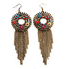Long Multicoloured Enamel Floral Chain Drop Earrings (Bronze Tone Metal) - 13cm Length
