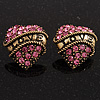 Antique Gold Pink Crystal 'Love' Heart Stud Earrings -2.5cm Diameter
