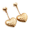 Gold Plated Hammered Double Heart Drop Earrings - 5cm Length