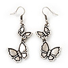 Antique Silver Metal Double Butterfly Drop Earrings - 5.5cm Length