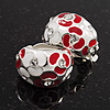 C-Shape Red/White Floral Enamel Crystal Clip On Earrings In Rhodium Plated Metal - 2cm Length