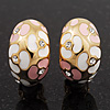C-Shape Pink/White Floral Enamel Crystal Clip On Earrings In Gold Plated Metal - 2cm Length