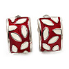 Small C-Shape Red/White Enamel Clip On Earring In Rhodium Plated Metal