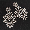 Vintage Diamante Floral Earrings (Burn Silver Metal) - 6cm Drop