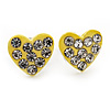 Tiny Yellow Crystal Enamel 'Heart' Stud Earrings In Silver Plated Metal - 10mm Diameter