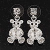 Silver Plated Crystal Cute 'Bear' Stud Drop Earrings - 3cm Length