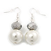 White Bead Drop Earrings In Silver Plated Metal - 4.5cm Length