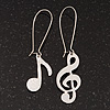 Textured 'Musical Notes' Drop Earrings (Silver Tone Metal) - 7cm Length