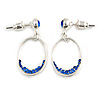 Royal Blue Crystal Oval Silver Tone Earrings - 3cm Length