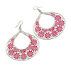Large Teardrop Pink Enamel Floral Hoop Earrings In Silver Finish - 8cm Length