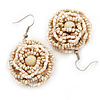Antique White Glass Bead Dimensional 'Rose' Drop Earrings In Silver Finish - 4.5cm Drop