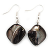 Black Shell Bead Drop Earrings (Silver Tone) - 4cm Length