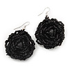 Black Glass Bead Dimensional 'Rose' Drop Earrings In Silver Finish - 4.5cm Drop
