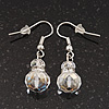 Small Transparent White Glass Bead Drop Earrings In Silver Plating - 3.5cm Length