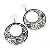 Burn Silver Filigree Hoop Earrings With Light Blue Stone - 6.5cm Drop